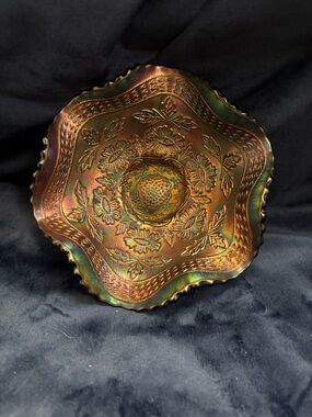 Fenton Iridescent Carnival Glass Floral Bowl in Amber and Green